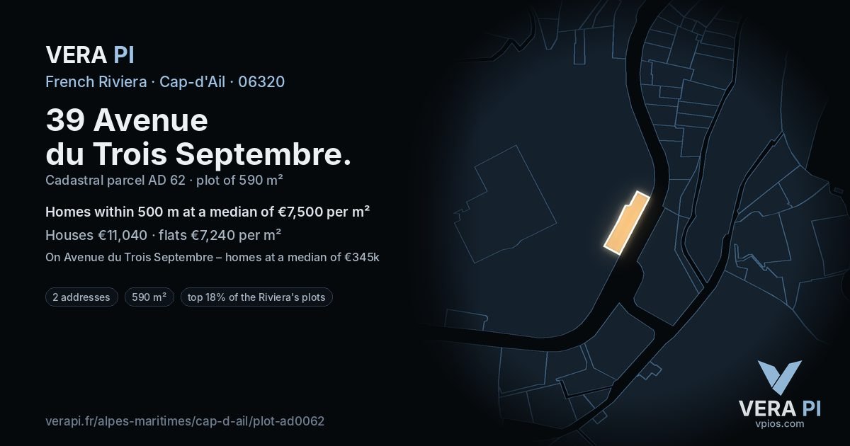 39 Avenue du Trois Septembre, Cap-d'Ail at night – the plot lit, the parcels around coloured by the prices near them