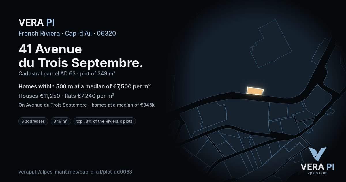41 Avenue du Trois Septembre, Cap-d'Ail at night – the plot lit, the parcels around coloured by the prices near them
