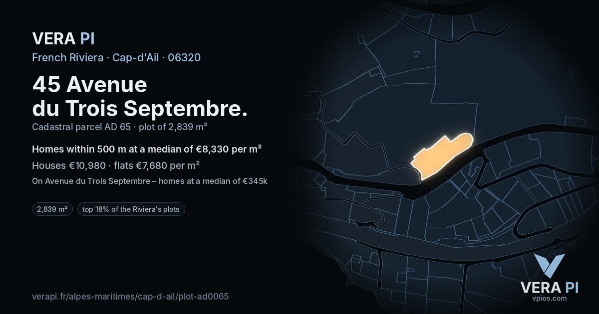 45 Avenue du Trois Septembre, Cap-d'Ail at night – the plot lit, the parcels around coloured by the prices near them