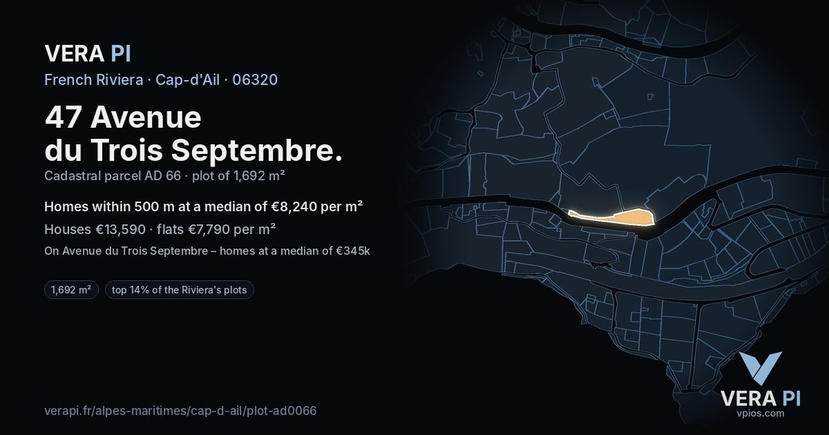 47 Avenue du Trois Septembre, Cap-d'Ail at night – the plot lit, the parcels around coloured by the prices near them