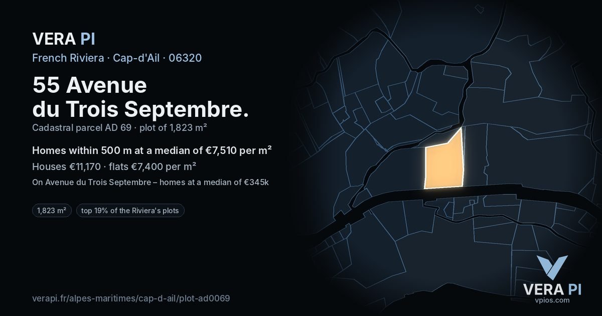 55 Avenue du Trois Septembre, Cap-d'Ail at night – the plot lit, the parcels around coloured by the prices near them