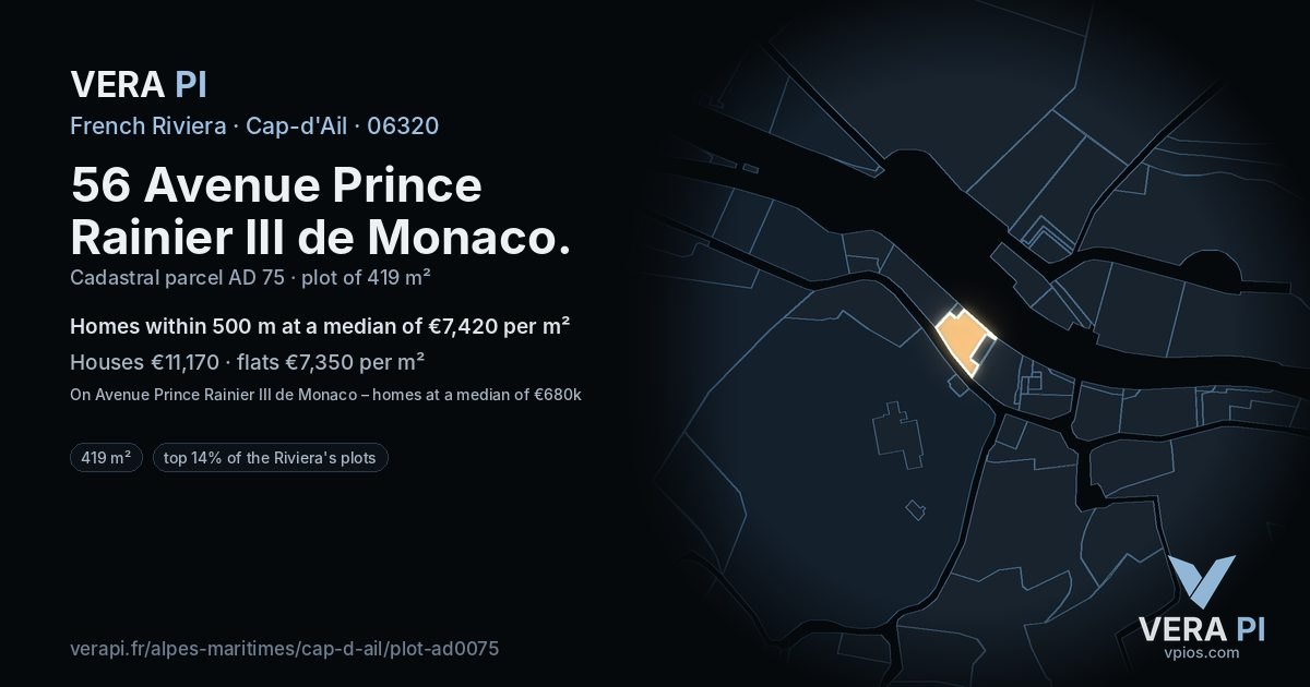 56 Avenue Prince Rainier III de Monaco, Cap-d'Ail at night – the plot lit, the parcels around coloured by the prices near them
