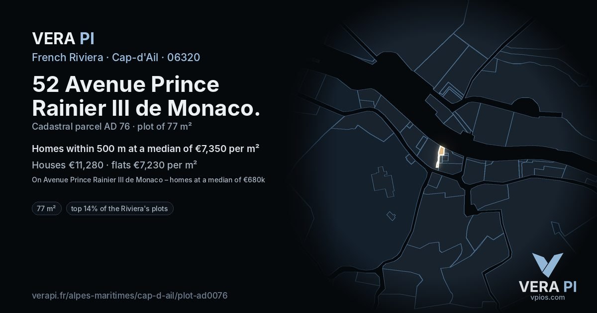 52 Avenue Prince Rainier III de Monaco, Cap-d'Ail at night – the plot lit, the parcels around coloured by the prices near them