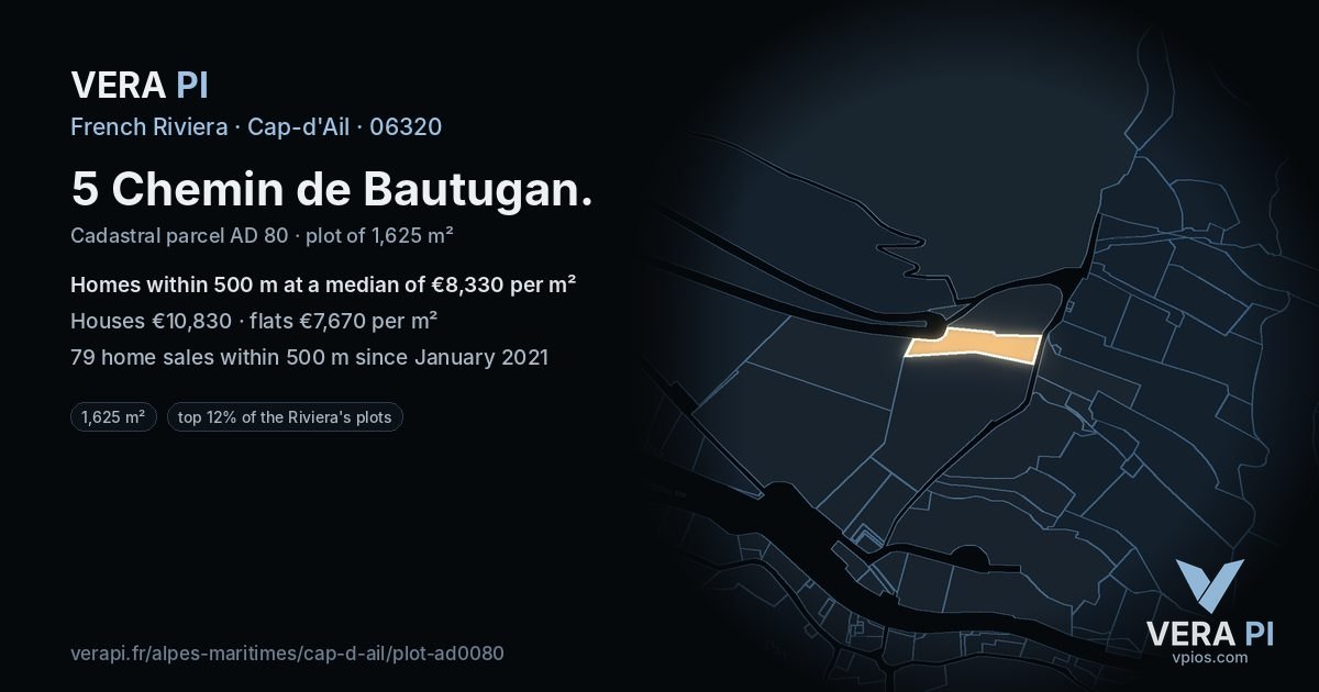 5 Chemin de Bautugan, Cap-d'Ail at night – the plot lit, the parcels around coloured by the prices near them