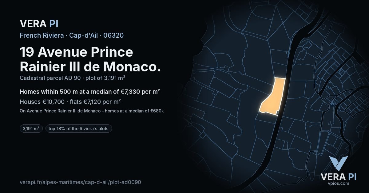 19 Avenue Prince Rainier III de Monaco, Cap-d'Ail at night – the plot lit, the parcels around coloured by the prices near them