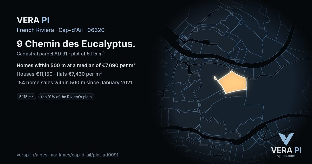 9 Chemin des Eucalyptus, Cap-d'Ail at night – the plot lit, the parcels around coloured by the prices near them