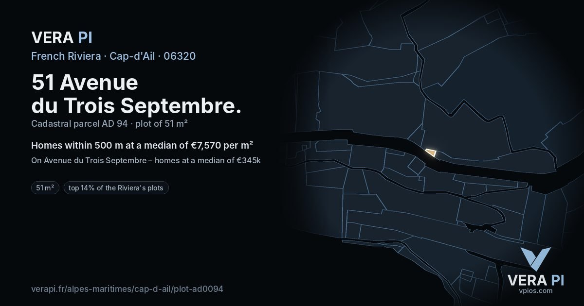 51 Avenue du Trois Septembre, Cap-d'Ail at night – the plot lit, the parcels around coloured by the prices near them