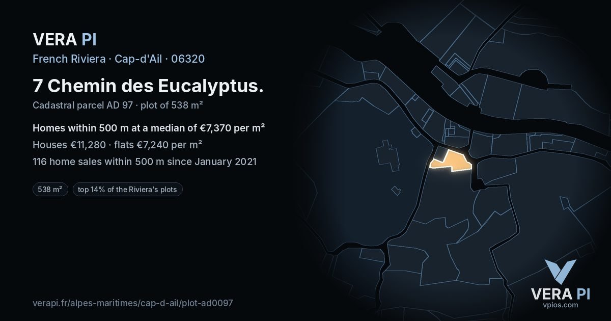 7 Chemin des Eucalyptus, Cap-d'Ail at night – the plot lit, the parcels around coloured by the prices near them