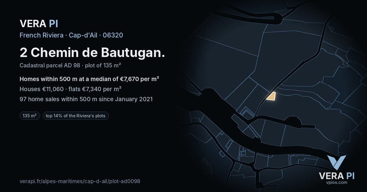 2 Chemin de Bautugan, Cap-d'Ail at night – the plot lit, the parcels around coloured by the prices near them