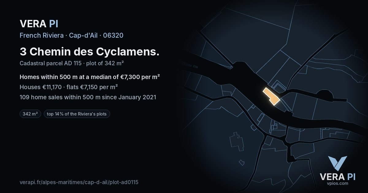 3 Chemin des Cyclamens, Cap-d'Ail at night – the plot lit, the parcels around coloured by the prices near them