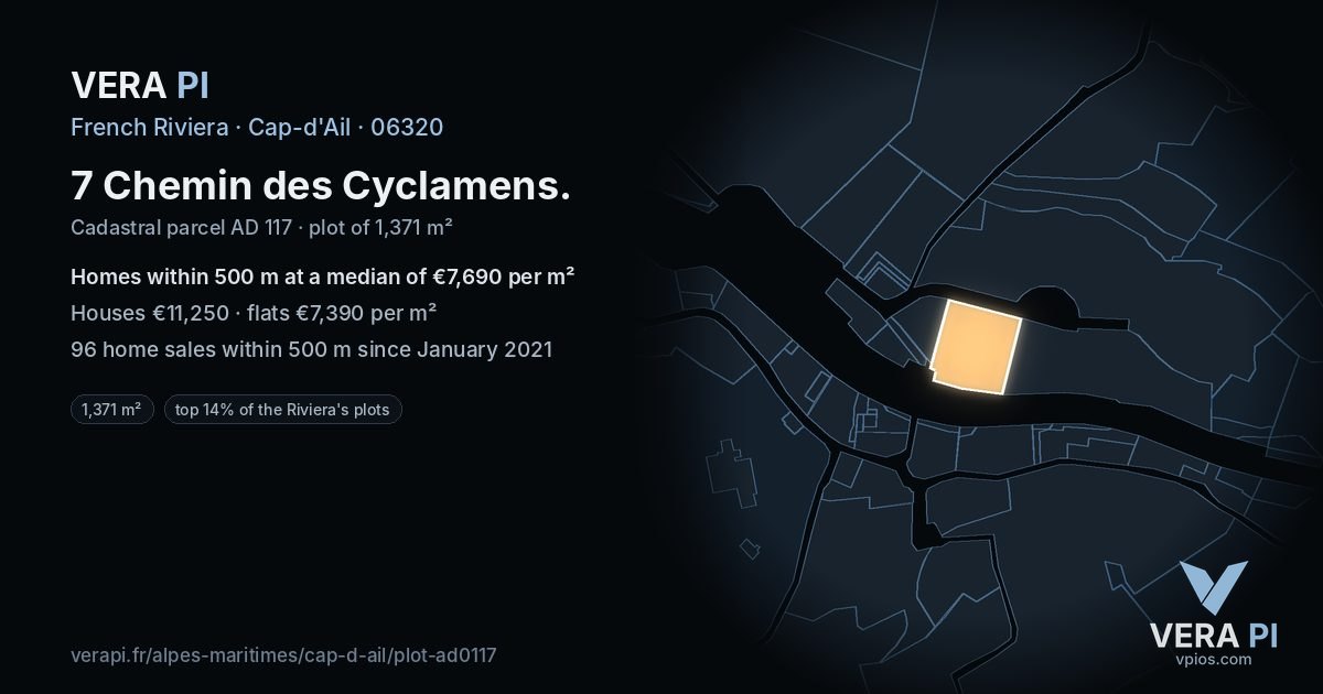 7 Chemin des Cyclamens, Cap-d'Ail at night – the plot lit, the parcels around coloured by the prices near them