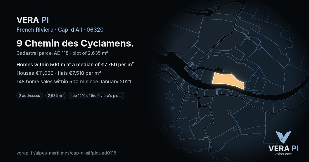 9 Chemin des Cyclamens, Cap-d'Ail at night – the plot lit, the parcels around coloured by the prices near them