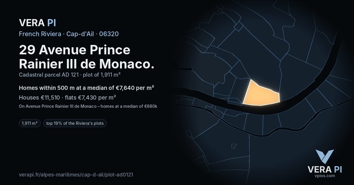 29 Avenue Prince Rainier III de Monaco, Cap-d'Ail at night – the plot lit, the parcels around coloured by the prices near them