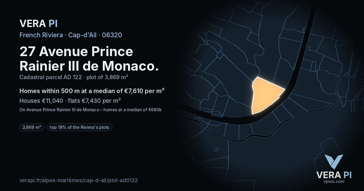 27 Avenue Prince Rainier III de Monaco, Cap-d'Ail at night – the plot lit, the parcels around coloured by the prices near them