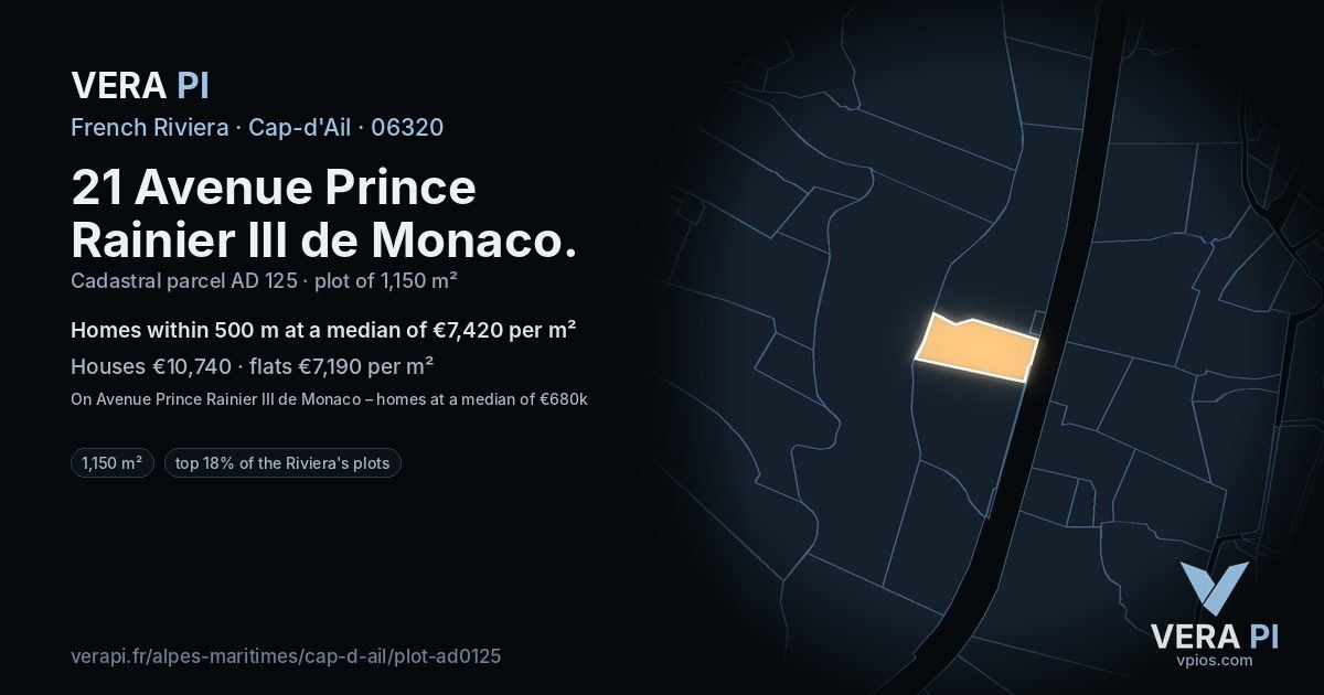 21 Avenue Prince Rainier III de Monaco, Cap-d'Ail at night – the plot lit, the parcels around coloured by the prices near them