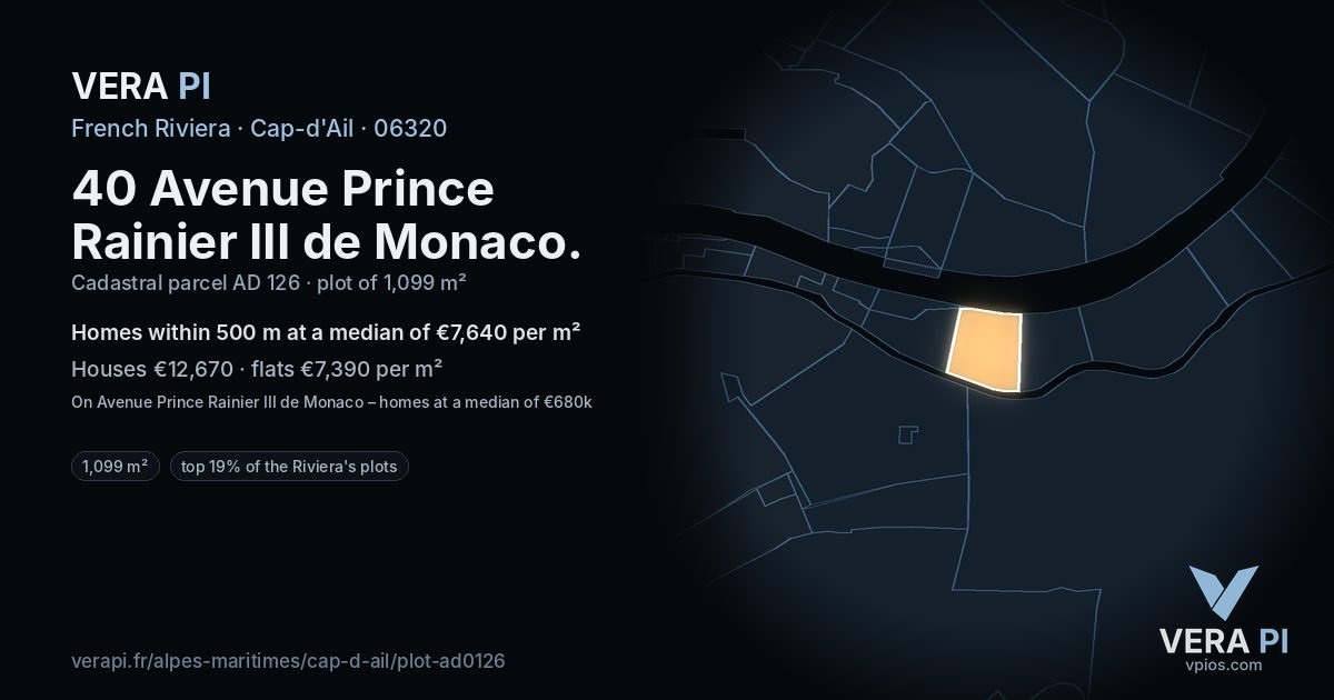 40 Avenue Prince Rainier III de Monaco, Cap-d'Ail at night – the plot lit, the parcels around coloured by the prices near them