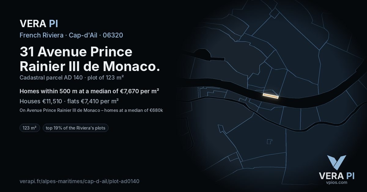 31 Avenue Prince Rainier III de Monaco, Cap-d'Ail at night – the plot lit, the parcels around coloured by the prices near them