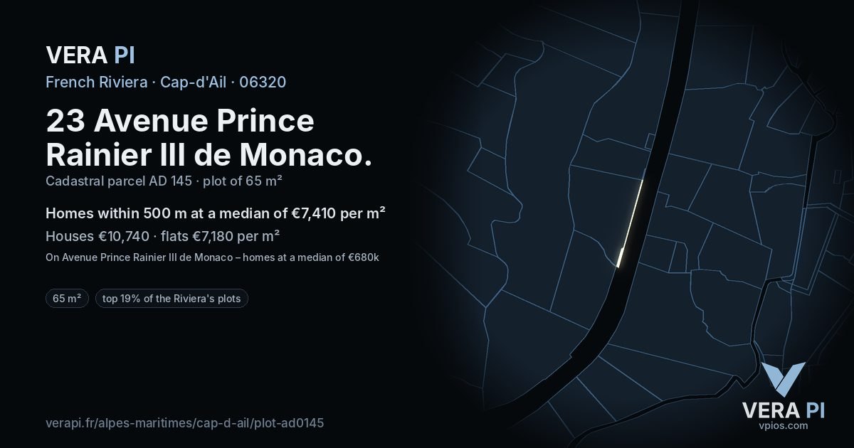 23 Avenue Prince Rainier III de Monaco, Cap-d'Ail at night – the plot lit, the parcels around coloured by the prices near them