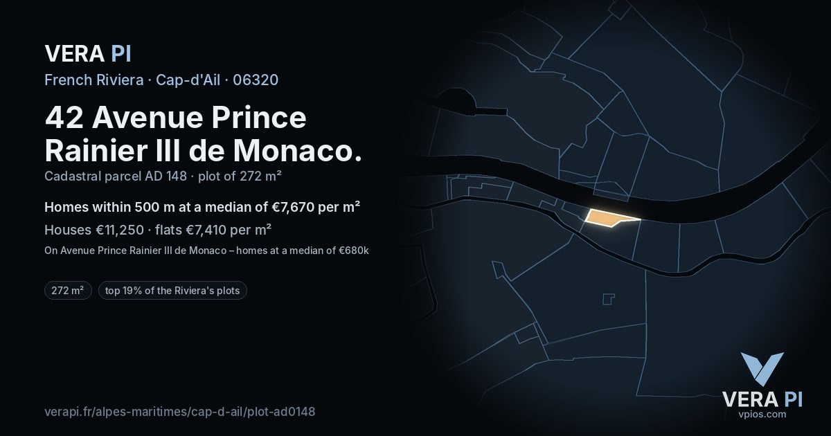 42 Avenue Prince Rainier III de Monaco, Cap-d'Ail at night – the plot lit, the parcels around coloured by the prices near them