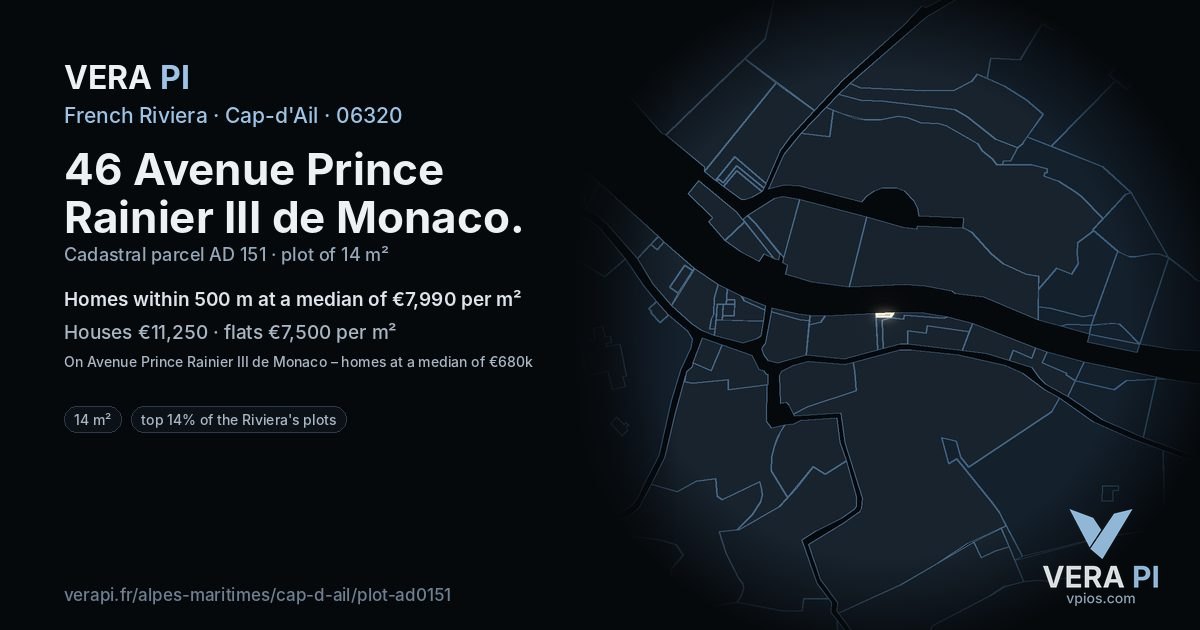 46 Avenue Prince Rainier III de Monaco, Cap-d'Ail at night – the plot lit, the parcels around coloured by the prices near them