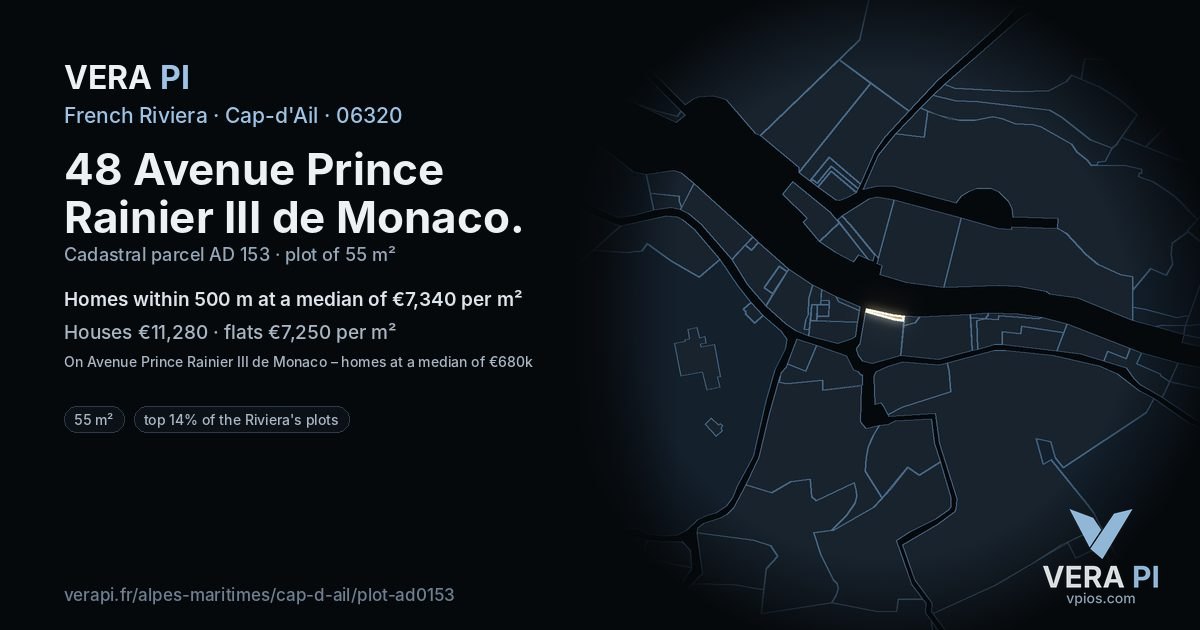 48 Avenue Prince Rainier III de Monaco, Cap-d'Ail at night – the plot lit, the parcels around coloured by the prices near them