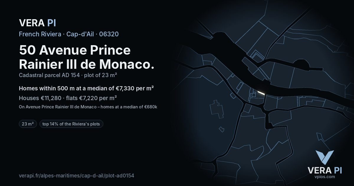 50 Avenue Prince Rainier III de Monaco, Cap-d'Ail at night – the plot lit, the parcels around coloured by the prices near them