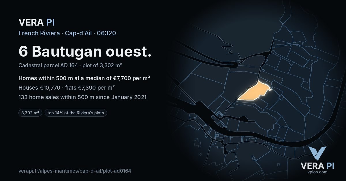 6 Bautugan ouest, Cap-d'Ail at night – the plot lit, the parcels around coloured by the prices near them