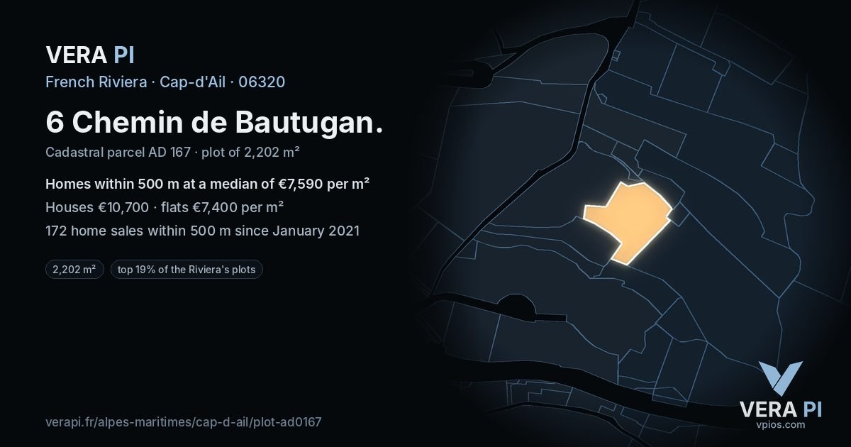 6 Chemin de Bautugan, Cap-d'Ail at night – the plot lit, the parcels around coloured by the prices near them