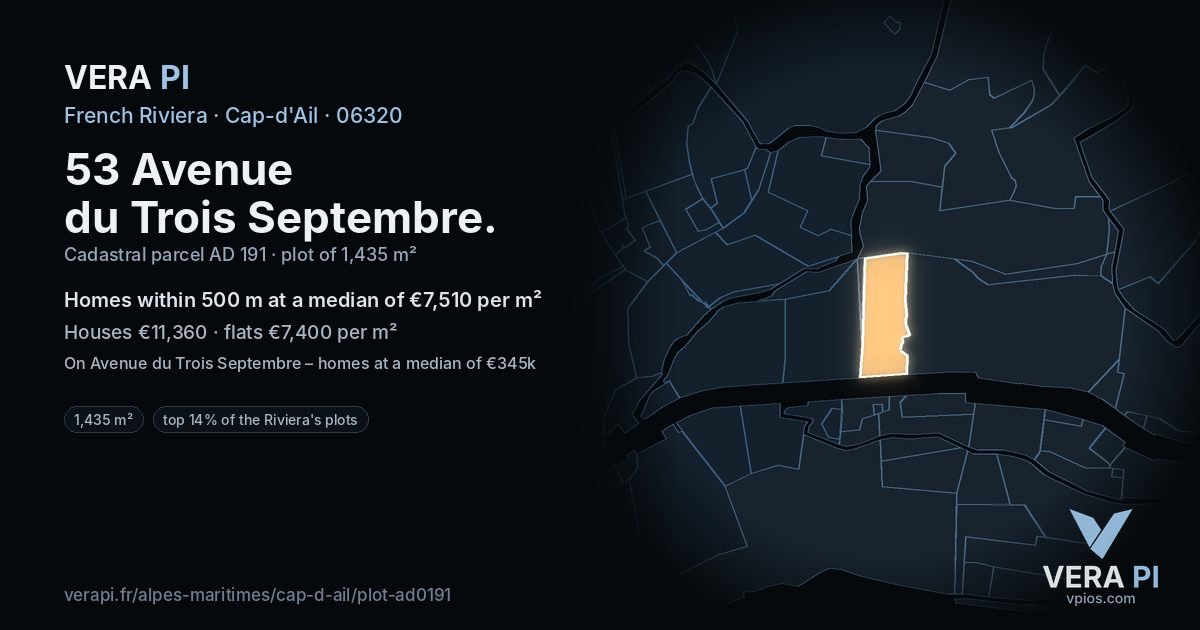 53 Avenue du Trois Septembre, Cap-d'Ail at night – the plot lit, the parcels around coloured by the prices near them