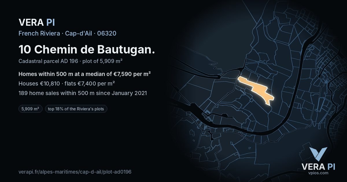 10 Chemin de Bautugan, Cap-d'Ail at night – the plot lit, the parcels around coloured by the prices near them
