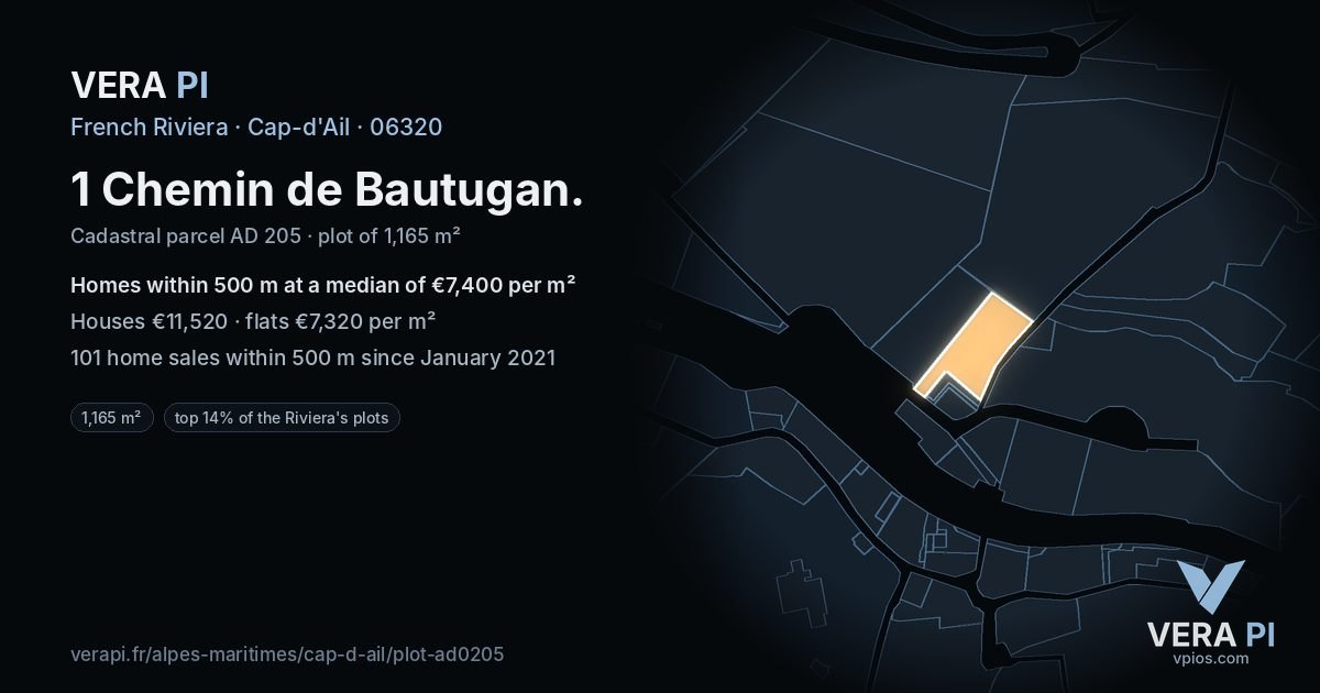 1 Chemin de Bautugan, Cap-d'Ail at night – the plot lit, the parcels around coloured by the prices near them