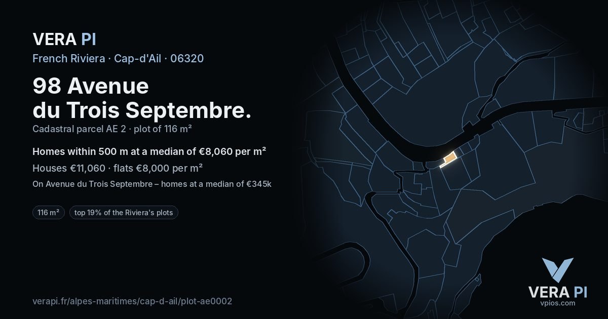 98 Avenue du Trois Septembre, Cap-d'Ail at night – the plot lit, the parcels around coloured by the prices near them