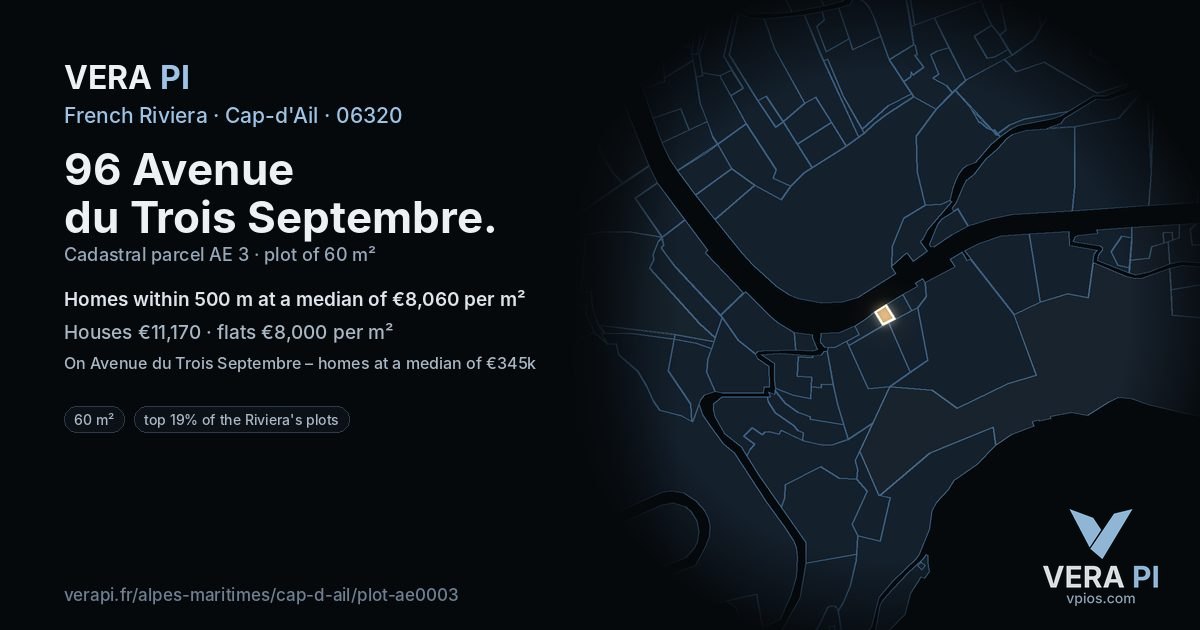 96 Avenue du Trois Septembre, Cap-d'Ail at night – the plot lit, the parcels around coloured by the prices near them