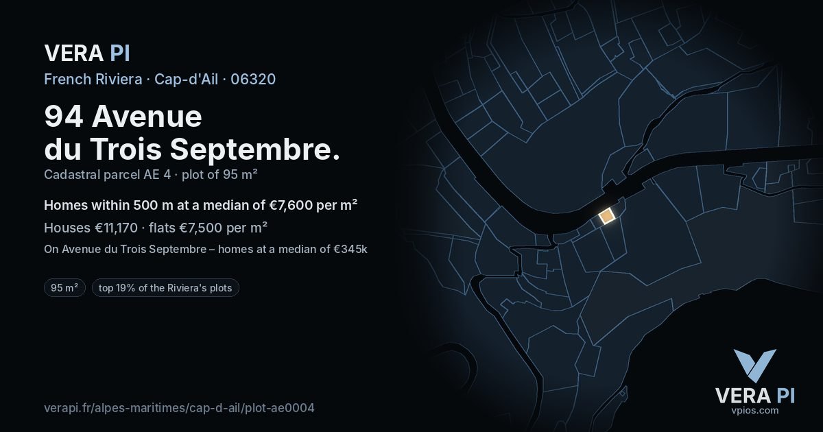 94 Avenue du Trois Septembre, Cap-d'Ail at night – the plot lit, the parcels around coloured by the prices near them