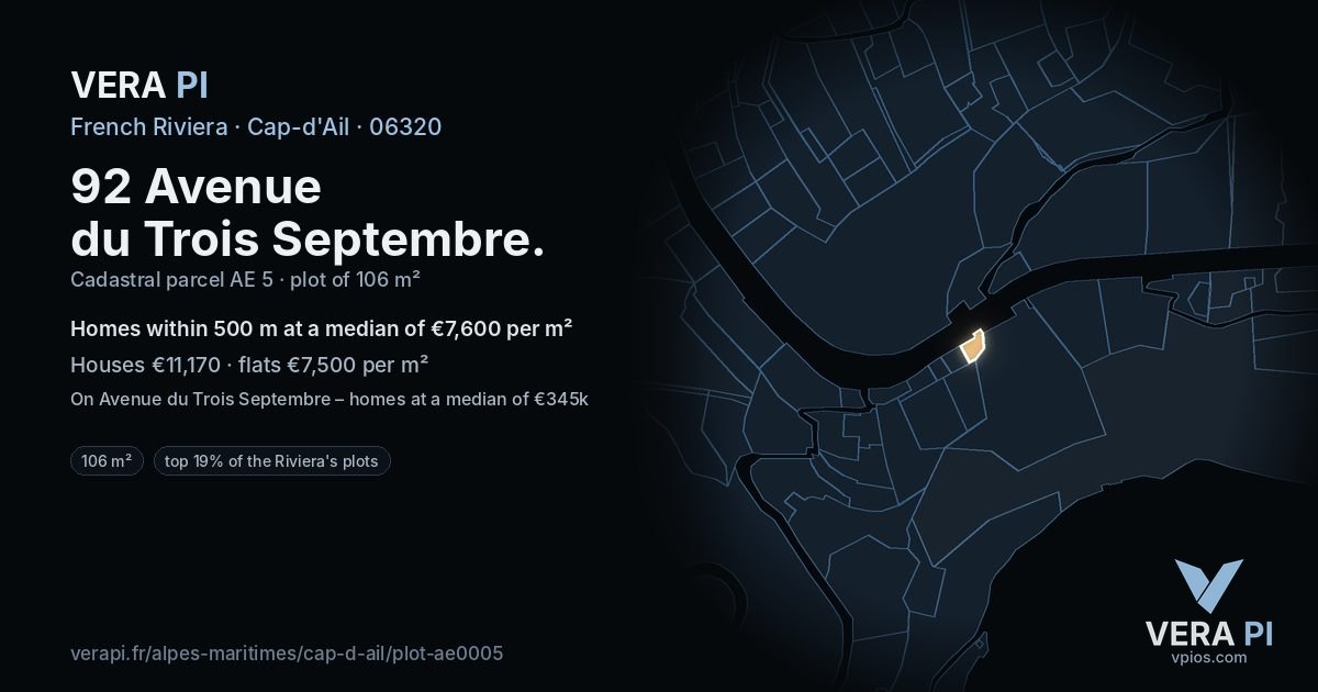 92 Avenue du Trois Septembre, Cap-d'Ail at night – the plot lit, the parcels around coloured by the prices near them