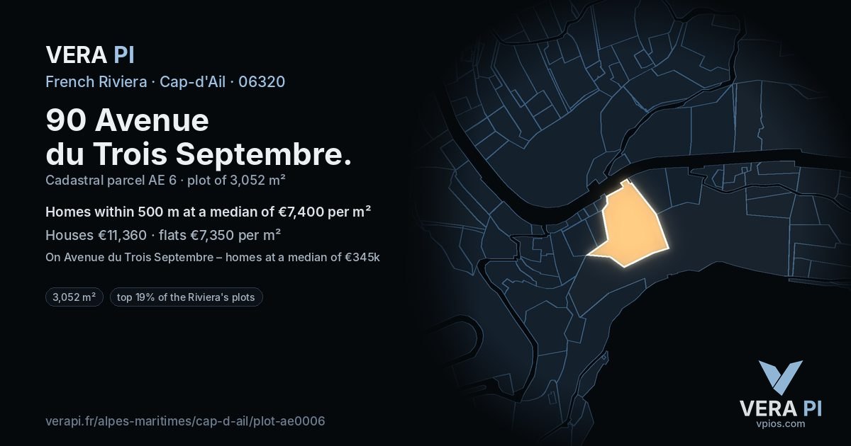 90 Avenue du Trois Septembre, Cap-d'Ail at night – the plot lit, the parcels around coloured by the prices near them