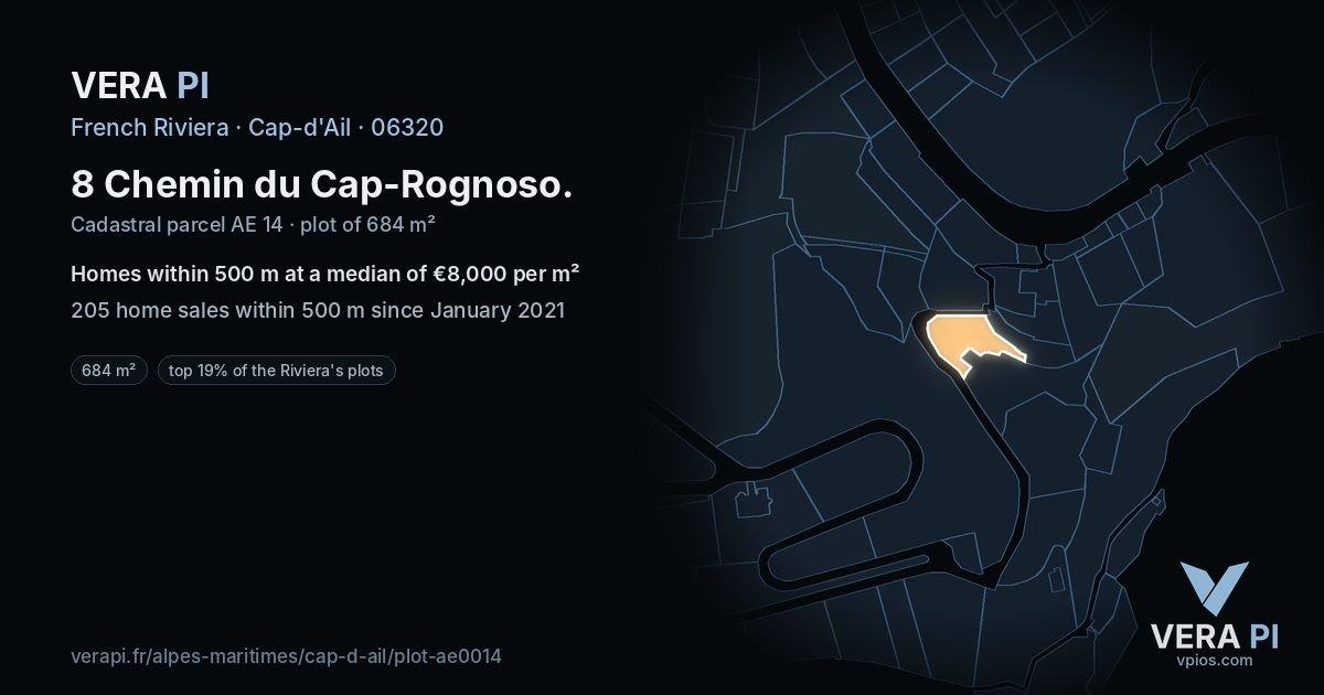 8 Chemin du Cap-Rognoso, Cap-d'Ail at night – the plot lit, the parcels around coloured by the prices near them