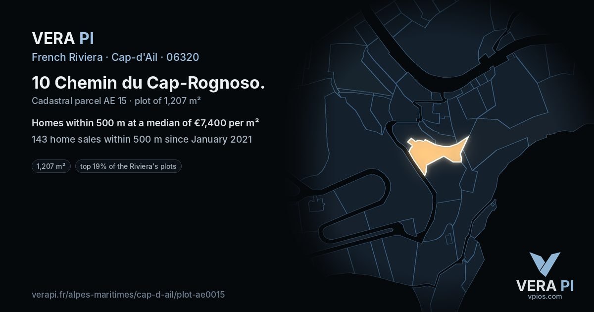 10 Chemin du Cap-Rognoso, Cap-d'Ail at night – the plot lit, the parcels around coloured by the prices near them