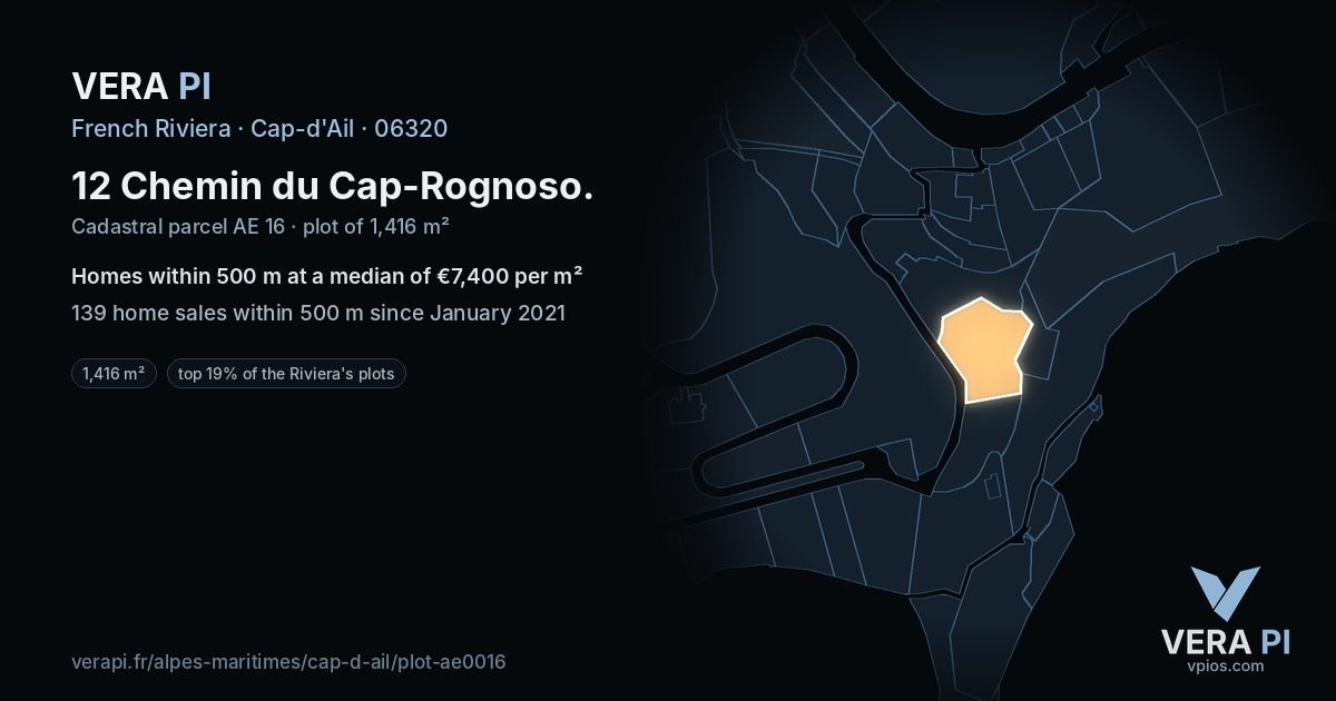 12 Chemin du Cap-Rognoso, Cap-d'Ail at night – the plot lit, the parcels around coloured by the prices near them