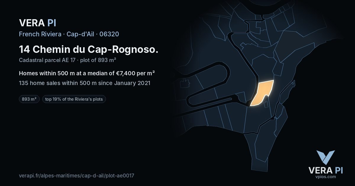 14 Chemin du Cap-Rognoso, Cap-d'Ail at night – the plot lit, the parcels around coloured by the prices near them