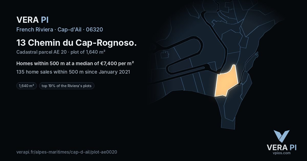 13 Chemin du Cap-Rognoso, Cap-d'Ail at night – the plot lit, the parcels around coloured by the prices near them