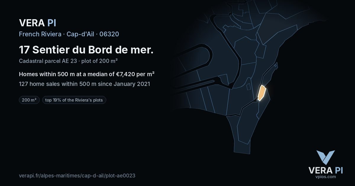 17 Sentier du Bord de mer, Cap-d'Ail at night – the plot lit, the parcels around coloured by the prices near them