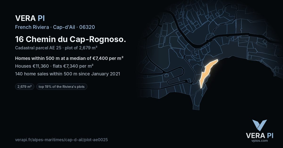 16 Chemin du Cap-Rognoso, Cap-d'Ail at night – the plot lit, the parcels around coloured by the prices near them