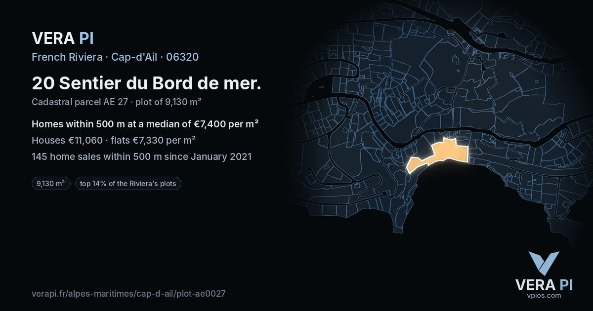 20 Sentier du Bord de mer, Cap-d'Ail at night – the plot lit, the parcels around coloured by the prices near them