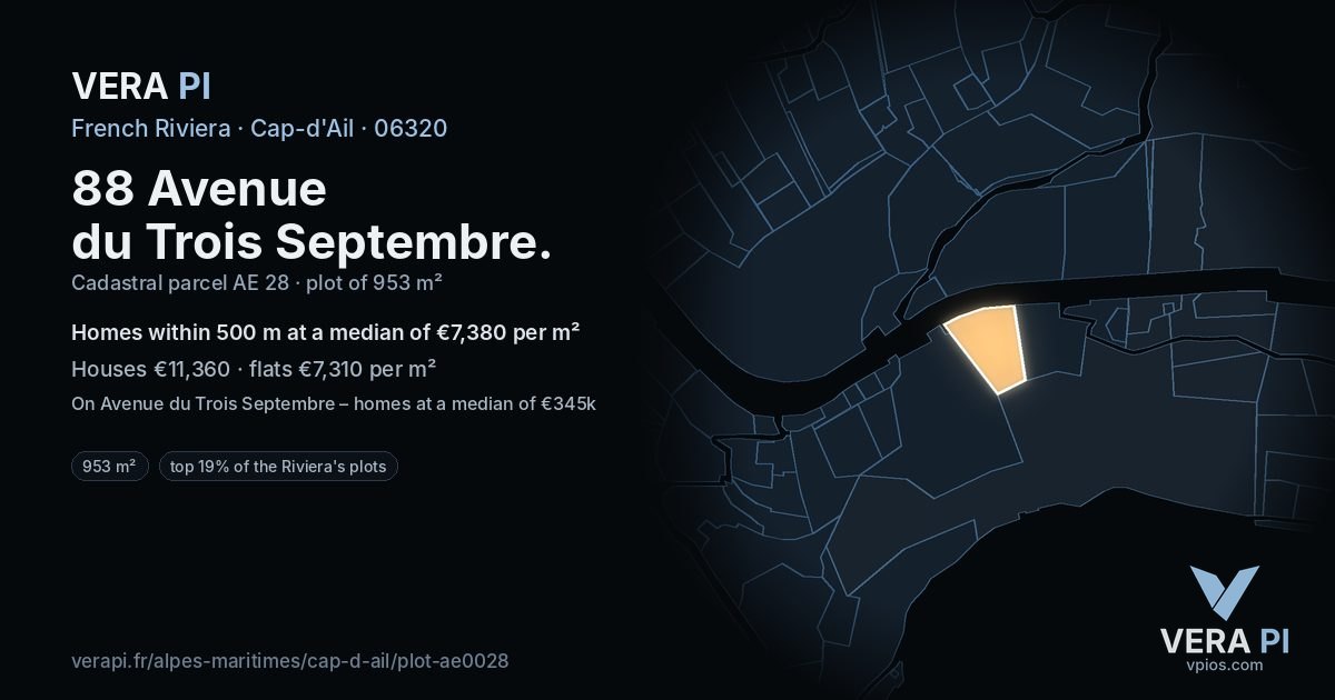 88 Avenue du Trois Septembre, Cap-d'Ail at night – the plot lit, the parcels around coloured by the prices near them