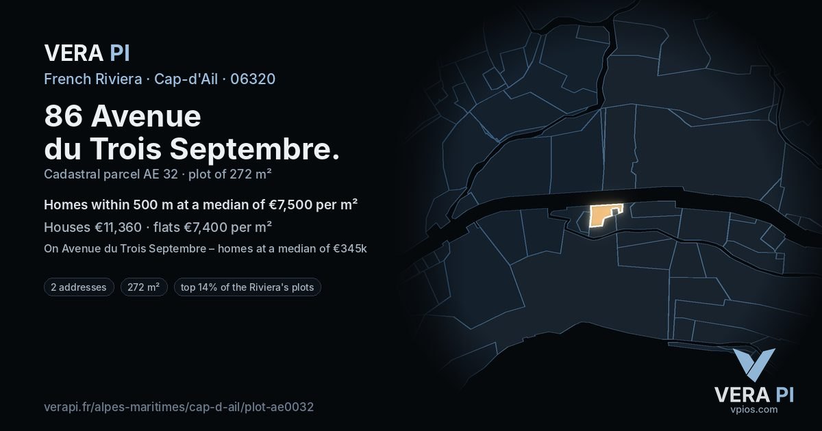 86 Avenue du Trois Septembre, Cap-d'Ail at night – the plot lit, the parcels around coloured by the prices near them