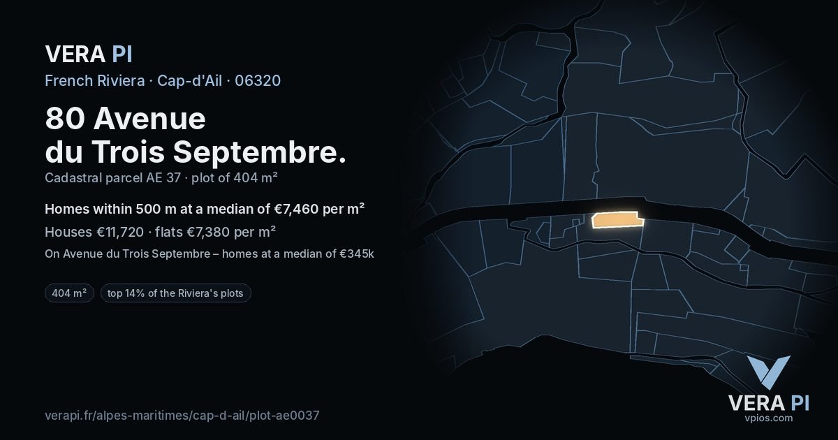 80 Avenue du Trois Septembre, Cap-d'Ail at night – the plot lit, the parcels around coloured by the prices near them