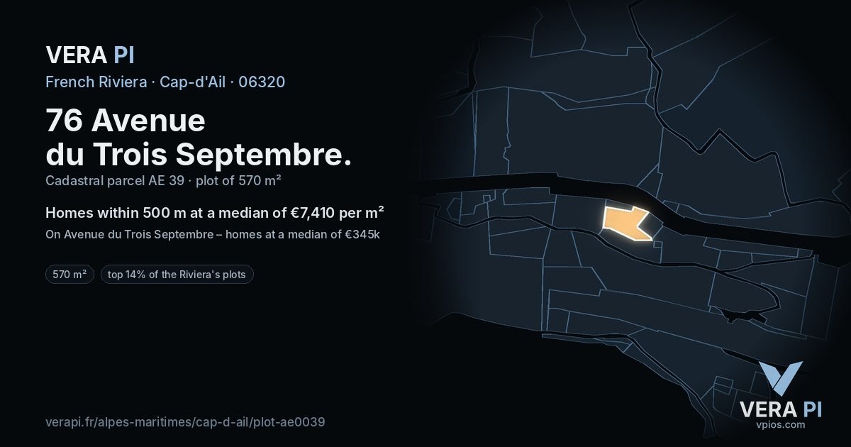 76 Avenue du Trois Septembre, Cap-d'Ail at night – the plot lit, the parcels around coloured by the prices near them