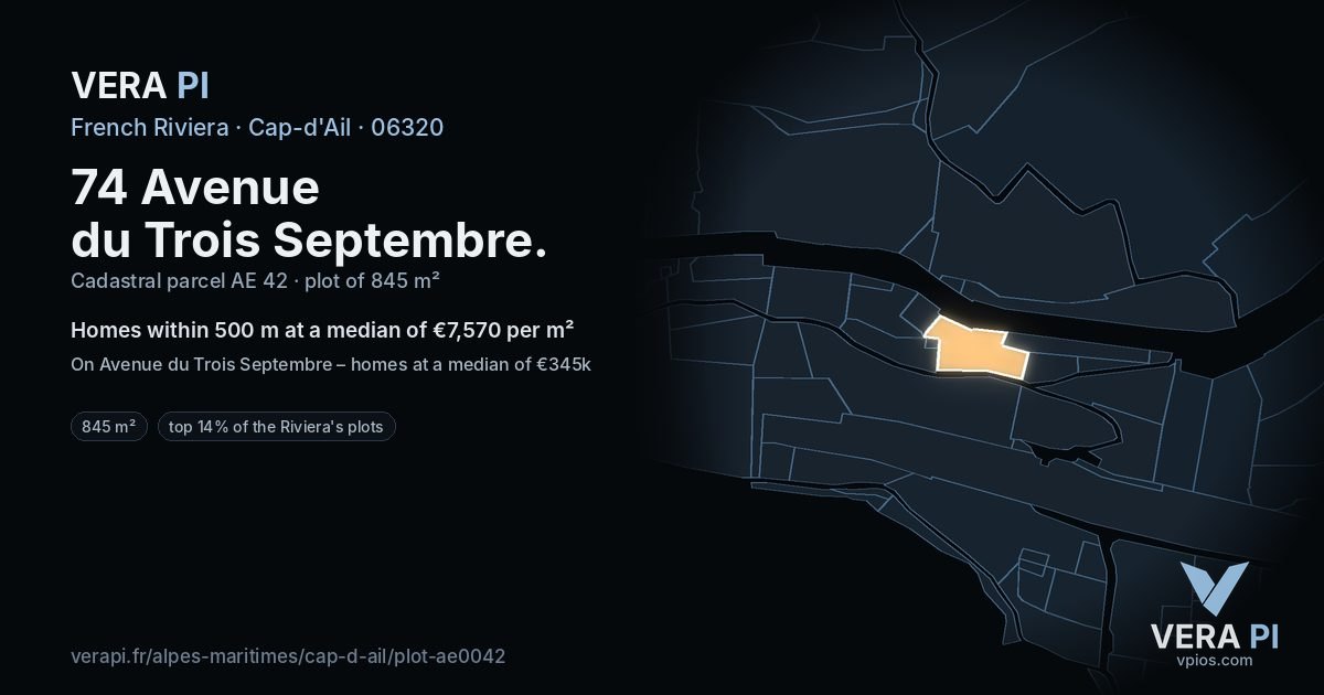 74 Avenue du Trois Septembre, Cap-d'Ail at night – the plot lit, the parcels around coloured by the prices near them
