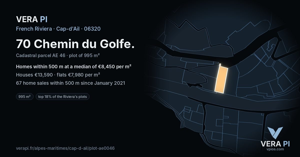 70 Chemin du Golfe, Cap-d'Ail at night – the plot lit, the parcels around coloured by the prices near them